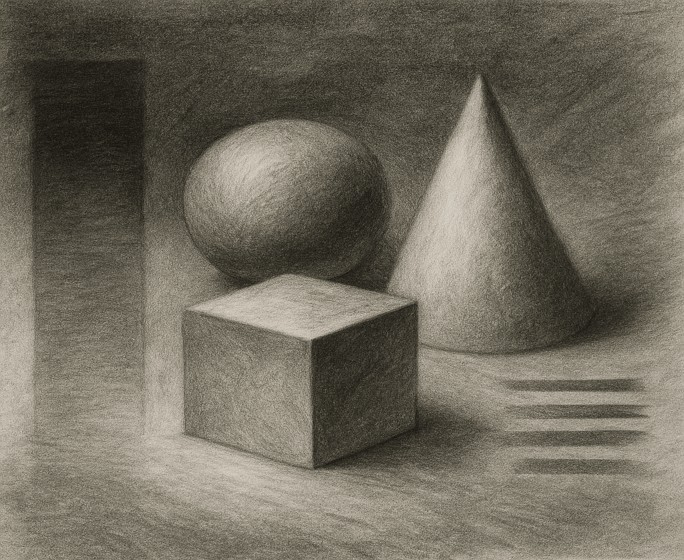 Charcoal drawing of a sphere, cube, and cone demonstrating basic shading techniques with realistic light and shadow.