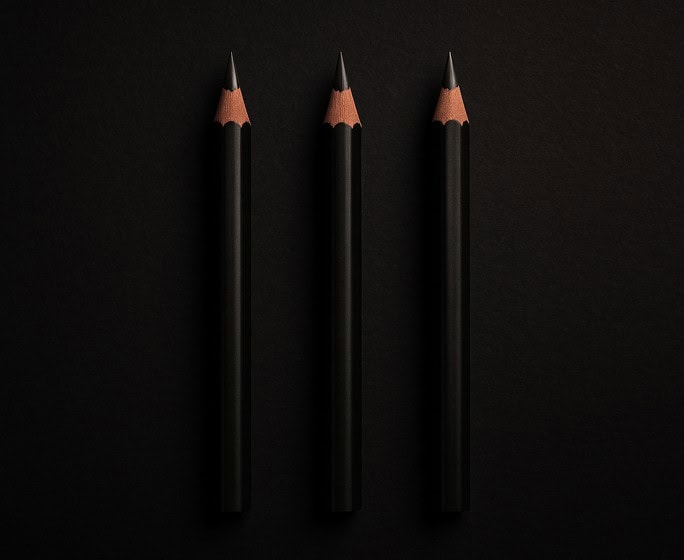 Three carbon pencils standing upright on a dark background, ideal for horror art shading.