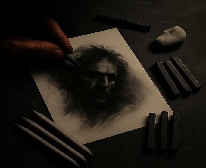 Charcoal drawing materials including blending stumps and tools on a dark surface.