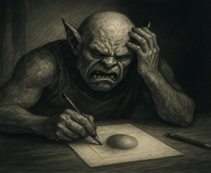 Illustration of a frustrated creature trying to shade a sphere, showing stress and struggle with pencil drawing techniques.