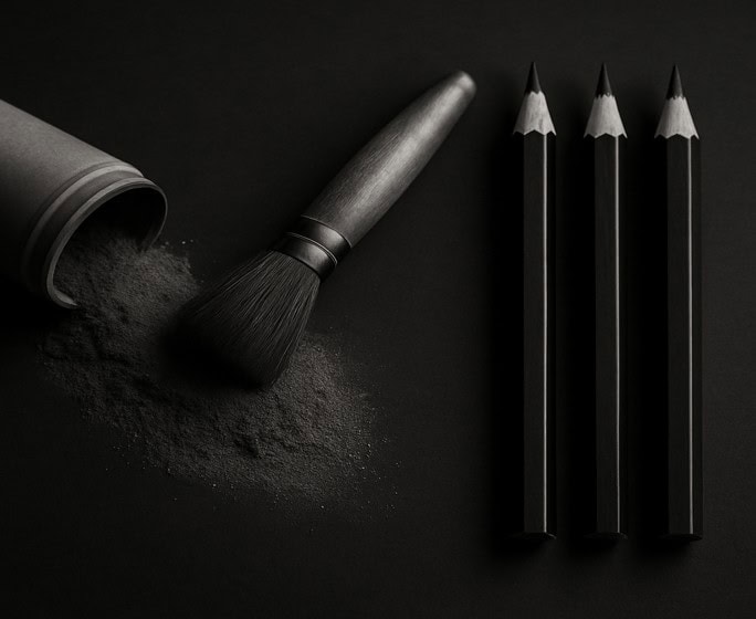 A black and white image of graphite powder scattered across a surface, used for adding eerie textures in horror art.