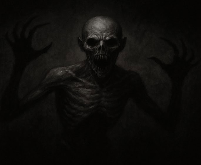 Terrifying black and white horror scene with eerie lighting and distorted shadows enhancing the creepy mood.