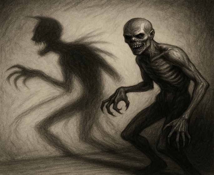 Charcoal-style horror creature with distorted shadows stretching behind it in a dark eerie scene.