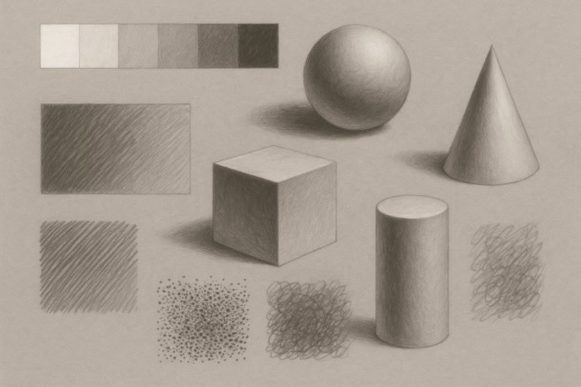 Graphite shading practice showing value scale, geometric forms, and different shading techniques including hatching, stippling, and scribbles.