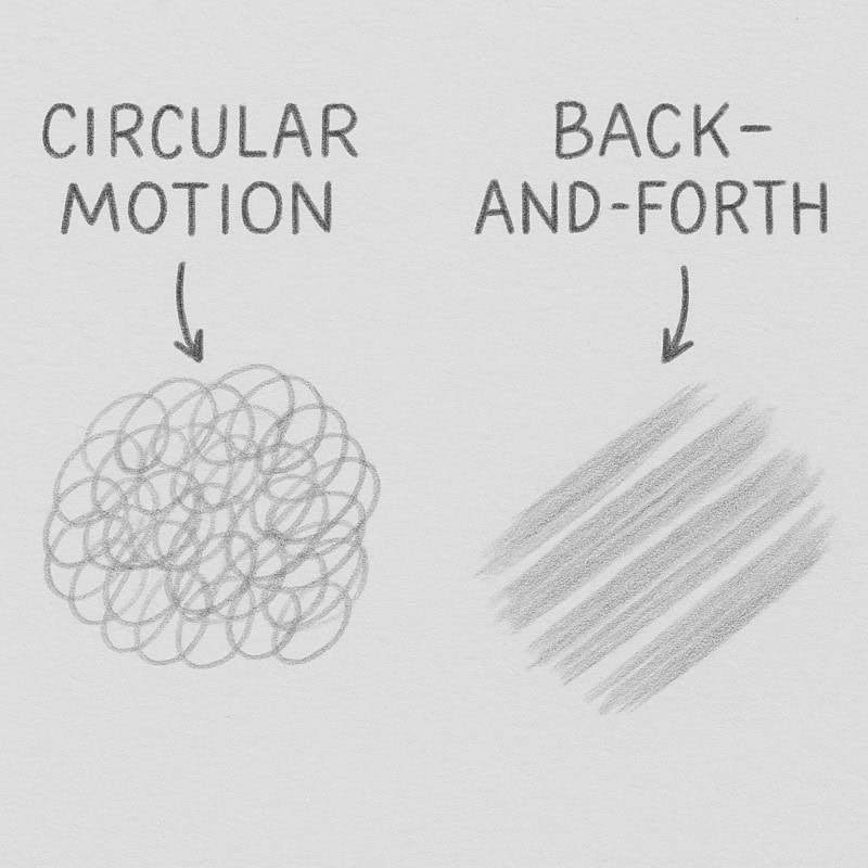A pencil sketch showing two shading techniques side by side: circular motion with overlapping loops, and back-and-forth strokes with diagonal lines, each labeled and separated for comparison.
