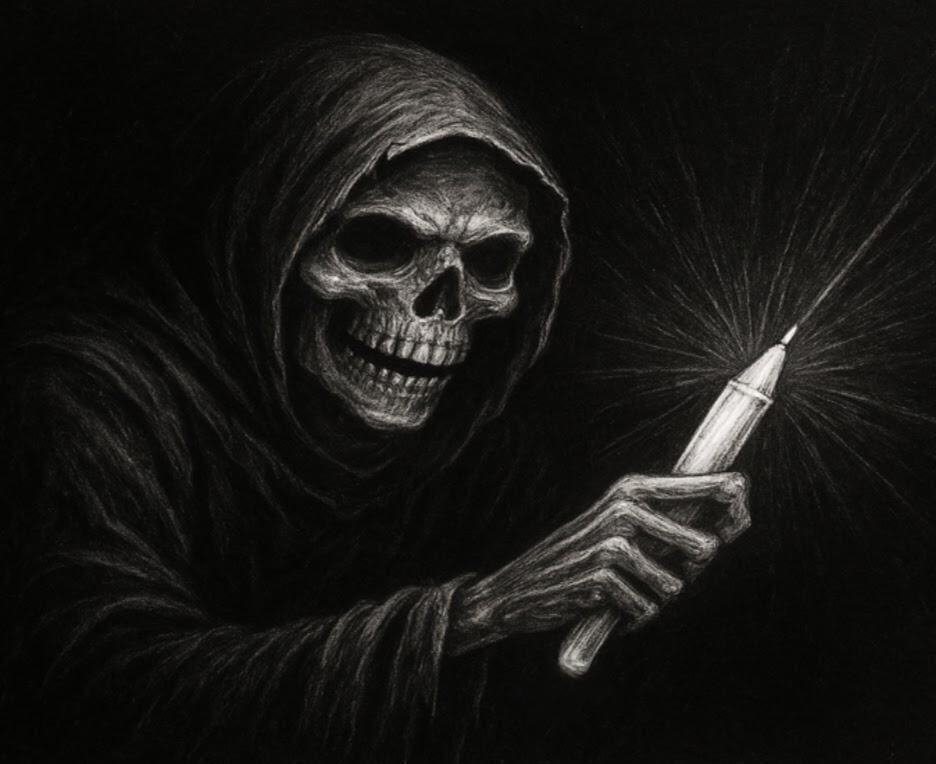 Black and white horror artwork with white gel pen highlights creating eerie glows and high contrast effects.