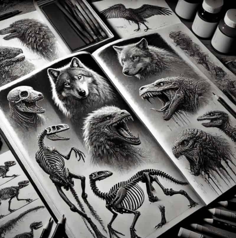 Detailed sketchbook pages featuring horror-inspired animal designs, including skeletal creatures, snarling beasts, and eerie anatomical studies.