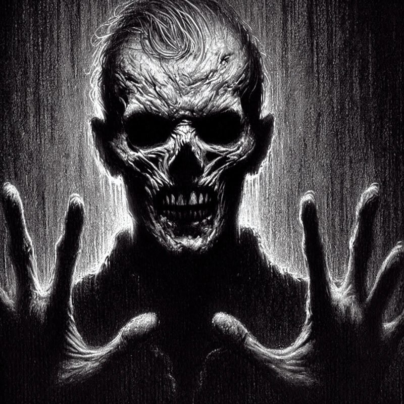 A highly detailed, realistic charcoal sketch illustrating eerie horror shading techniques. The image features deep shadows, dramatic contrast, and unsettling lighting to create a chilling atmosphere, emphasizing the power of shading in horror art.