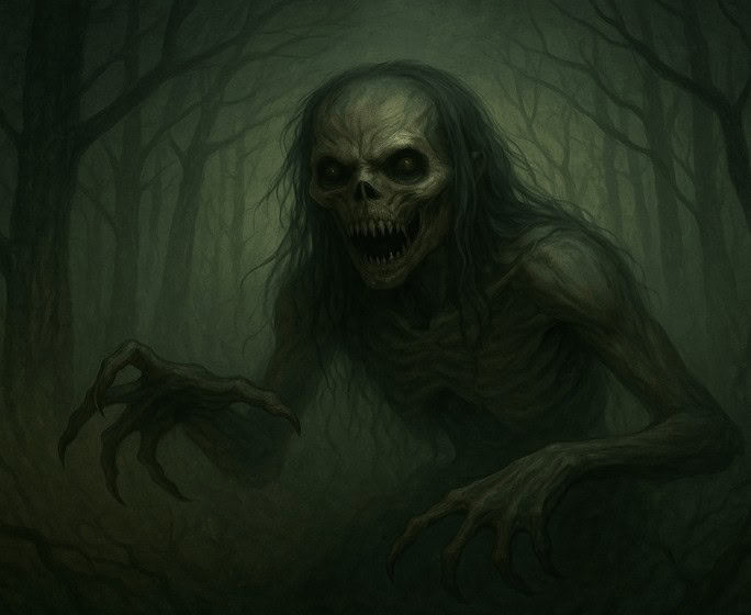 Dark fantasy creature lurking in a shadowy forest - creepy art for global mythology horror.