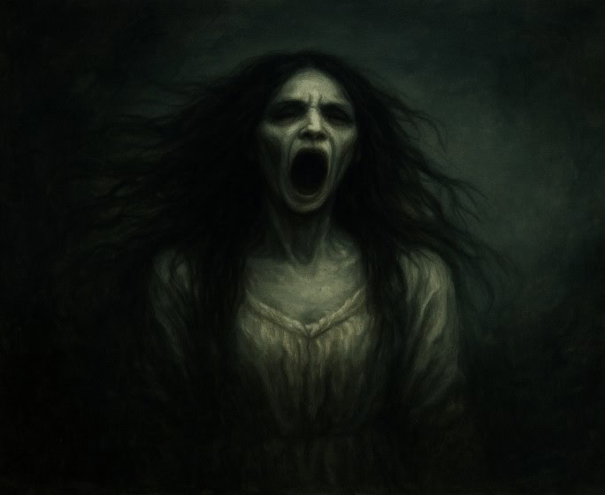 A shadowy, monstrous figure, lurking in an eerie setting, evoking ancient mythological fear.