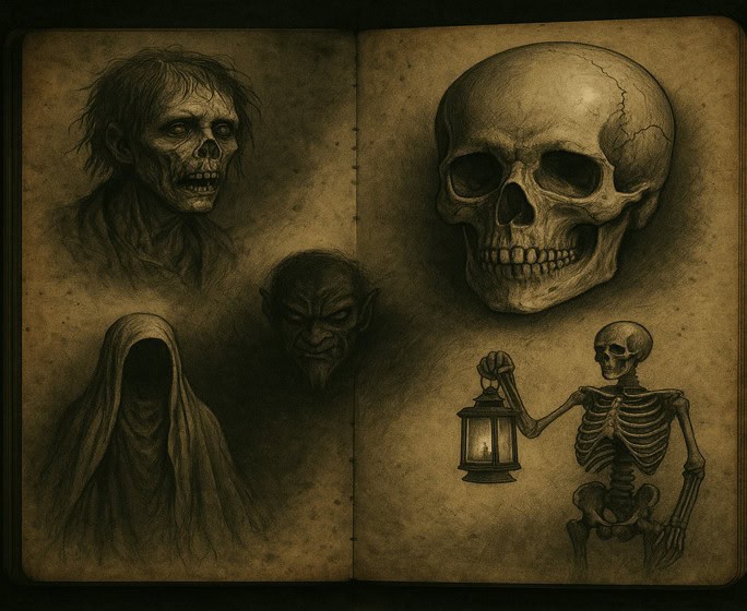 A collection of dark horror-themed art references, including skulls, skeletons, and eerie portrait sketches.