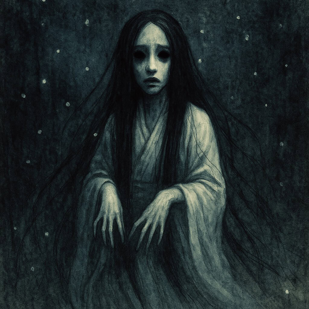 Digital painting of a Japanese Yurei spirit with long black hair, pale skin, and hollow eyes, wearing a kimono and floating in a dark, eerie atmosphere.