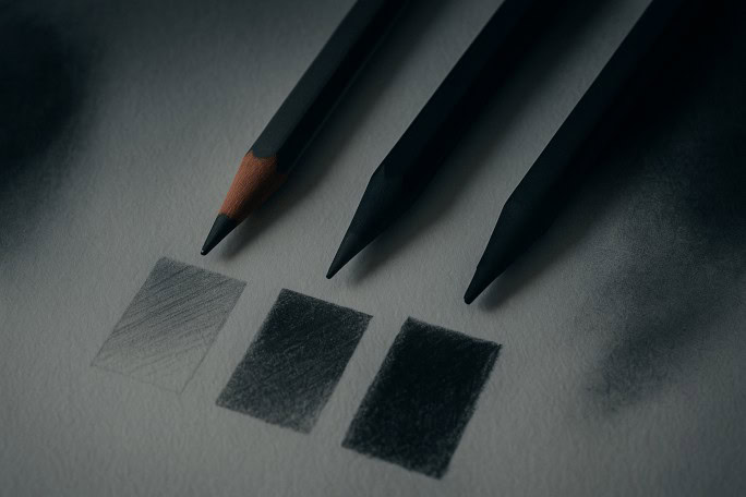 Graphite, carbon, and charcoal pencils on textured paper with shading swatches beneath each.