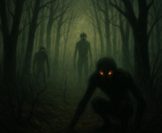 Dark forest with glowing eyes hidden in the trees, symbolizing cryptid creatures.