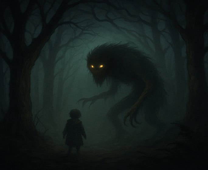 A creepy forest scene with twisted trees and eerie shadows, capturing the unsettling atmosphere of dark fairytales.