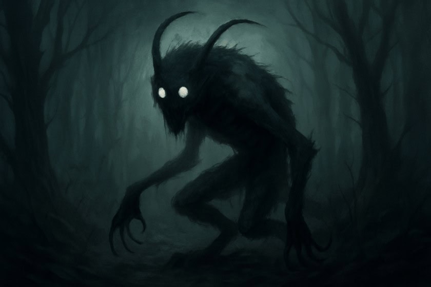 A digital painting of a cryptid creature with eerie glowing eyes, antler-like horns, and a dark misty forest background.