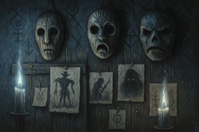 Haunted gallery wall with eerie masks and ritual sketches lit by flickering candles in folk horror style.