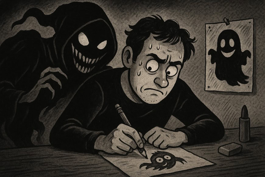 Horror-themed illustration of an artist drawing while a shadowy monster looms behind him, symbolizing the inner critic.