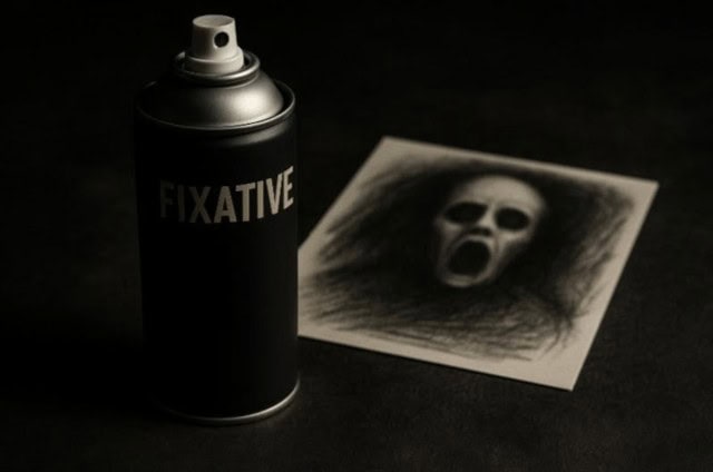 Spray can of fixative beside a haunting charcoal drawing, protecting horror artwork from smudges.