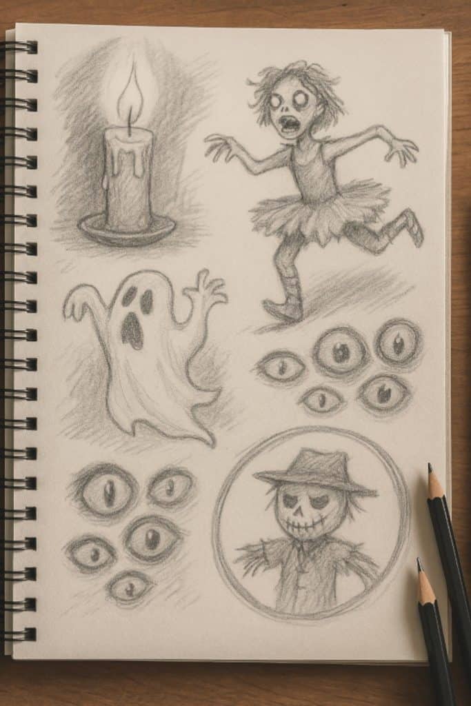 Graphite sketchbook page with blended horror doodles: a candle casting shadows, a zombie ballerina, a ghost, clusters of creepy eyes, and a circled scarecrow.