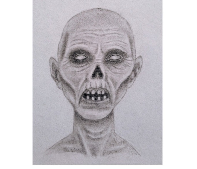 Graphite pencil drawing of a zombie with hollow eyes, sunken cheeks, and eerie shading, used as the featured image for an intermediate horror drawing tutorial.