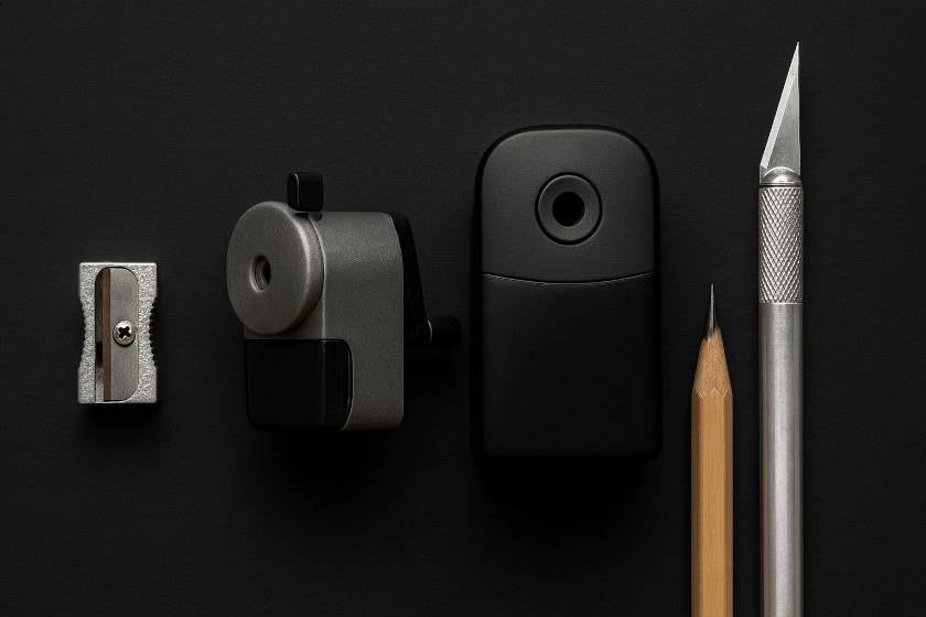 A lineup of pencil sharpening tools including a handheld sharpener, a crank sharpener, an electric sharpener, a craft knife, and a sharpened pencil displayed on a dark background.