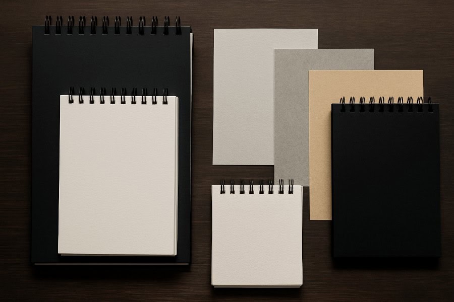 Sketchbooks and sheets of white, grey, and tan paper arranged on a dark wooden surface.