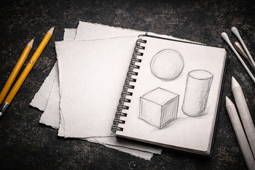 HB and 2B pencils beside a sketchbook and blank paper on a dark textured surface, used for beginner horror drawing.