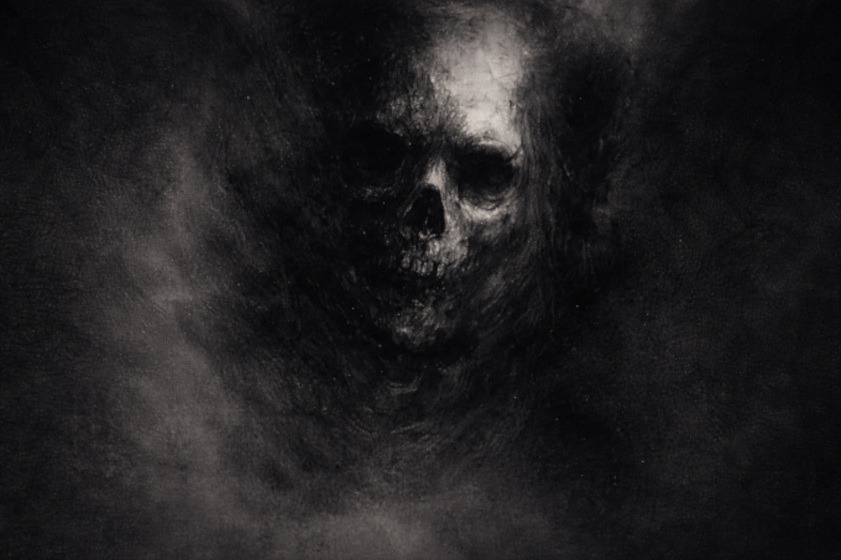 Charcoal skull emerging from darkness with extreme contrast, demonstrating blended graphite and charcoal shading for horror art.