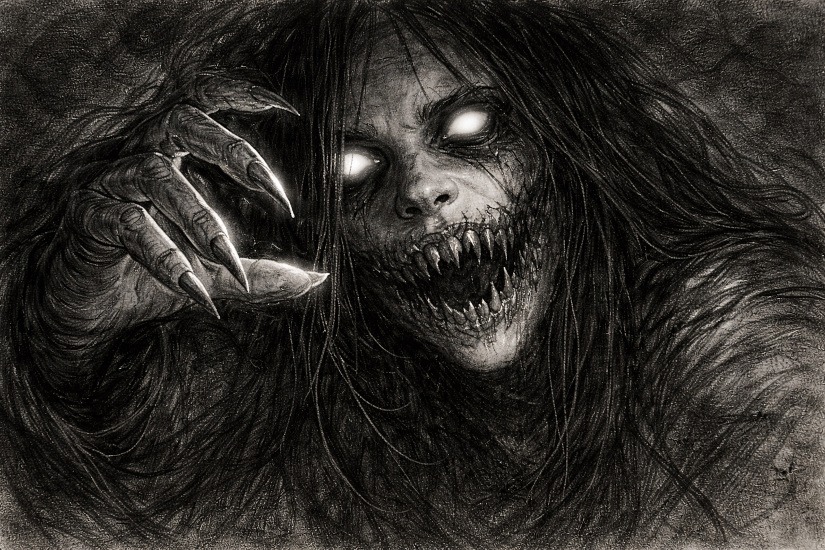Graphite and charcoal horror drawing of a creature with glowing eyes, sharp teeth, and clawed fingers reaching forward, lit with small intense highlights.