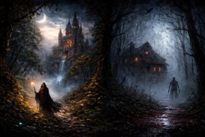 Horizontal split illustration comparing dark fantasy and horror art, with an expansive atmospheric fantasy scene on one side and a darker, claustrophobic horror setting on the other, highlighting the emotional difference between the two genres.