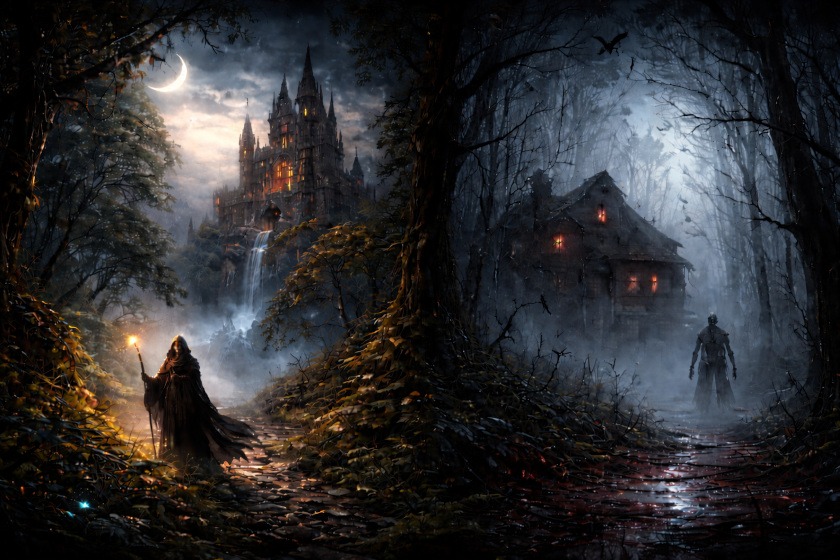 Horizontal split illustration comparing dark fantasy and horror art, with an expansive atmospheric fantasy scene on one side and a darker, claustrophobic horror setting on the other, highlighting the emotional difference between the two genres.