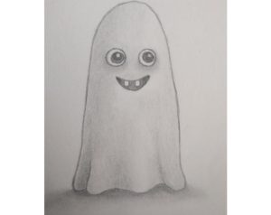 Shaded pencil drawing of a cute ghost with soft blending and a cast shadow.