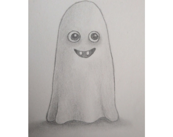Shaded pencil drawing of a cute ghost with soft blending and a cast shadow.