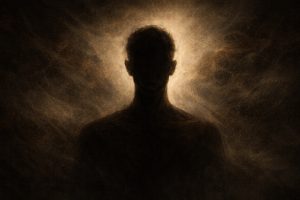 Shadowed human silhouette surrounded by textured light, symbolising the evolution and influence of horror art through history.