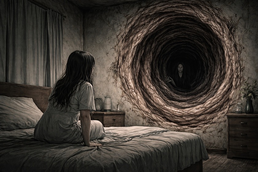 Young woman sitting on a bed in a dim bedroom facing a massive spiral tunnel opening in the wall, with a shadowy figure emerging from the darkness inside, inspired by psychological and body horror themes.