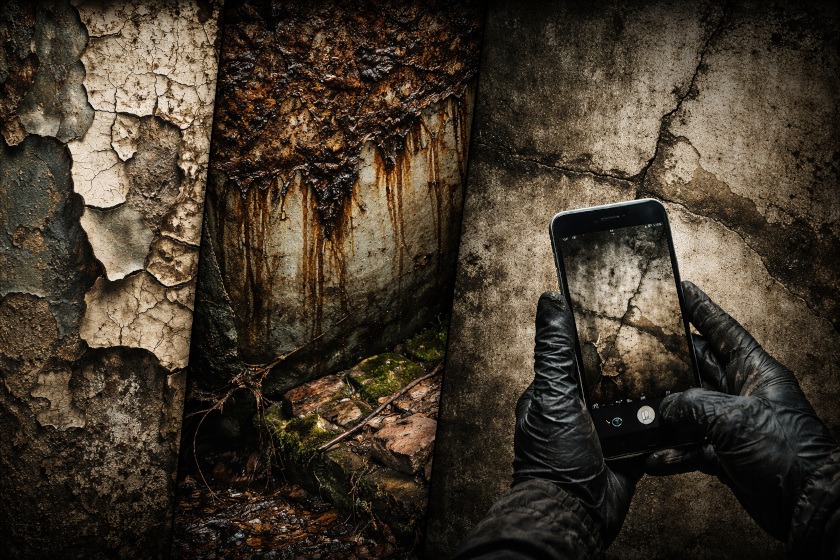Photographing cracked walls, peeling paint, and rusted surfaces with a phone for horror art texture reference.