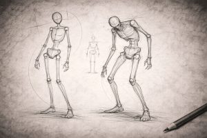 Two simple mannequin-style figures sketched with body guidelines, showing line of action, shoulder tilt, hip tilt, and balanced posture for horror character drawing.