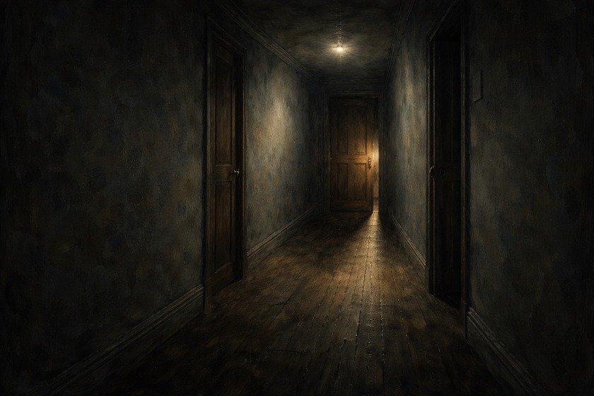 Traditional oil-style painting of a dimly lit bedroom with subtle distortions in perspective and shadow, creating quiet psychological unease.