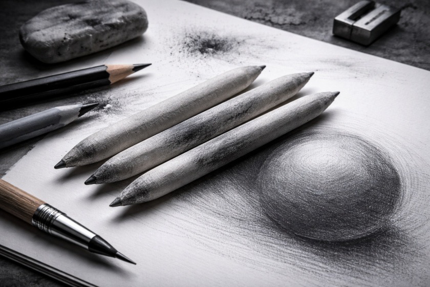 Blending stumps used for smooth graphite shading beside a shaded sphere drawing.