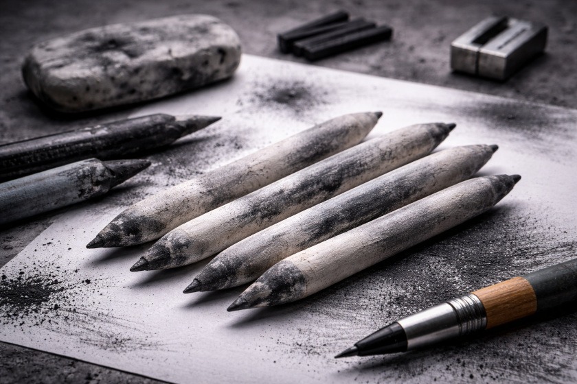 Charcoal blending stumps with charcoal sticks and dust on drawing paper.