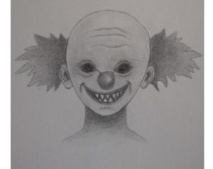 Finished scary clown pencil drawing with dark eyes, sharp teeth, and shaded hair tutorial image.