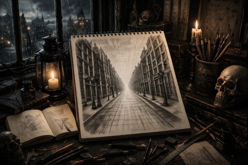 Dark gothic artist workspace featuring a sketchbook with a one-point perspective street drawing leading to a vanishing point, surrounded by candles, skull props, books, and drawing tools.