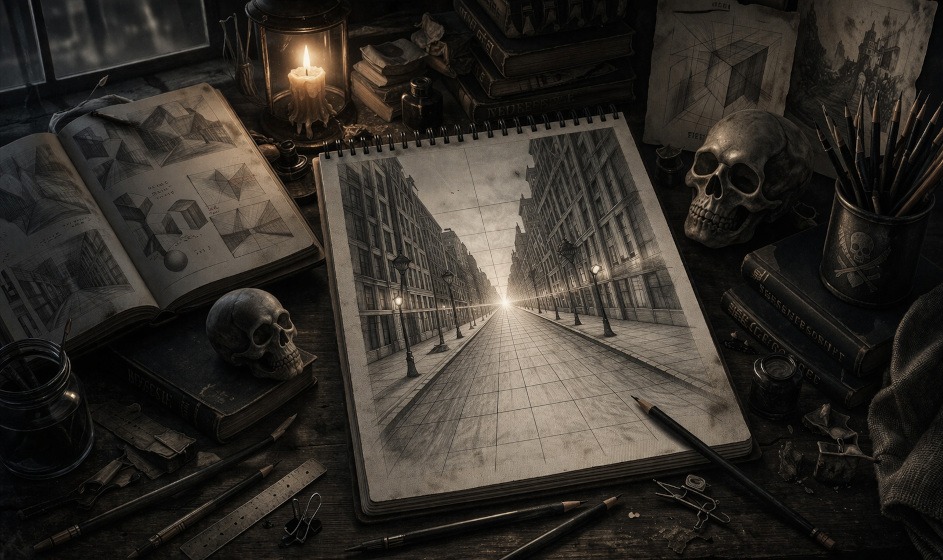 Dark atmospheric artist workspace with sketchbook showing a city street perspective drawing leading toward the horizon line and vanishing point.