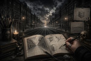Perspective drawing featured image showing a moody street scene with strong depth, vanishing point, and sketchbook perspective studies.