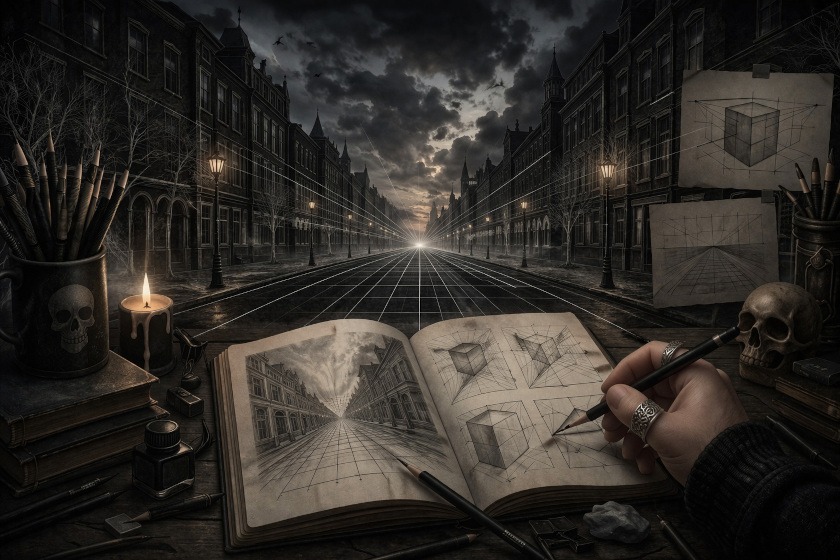 Perspective drawing featured image showing a moody street scene with strong depth, vanishing point, and sketchbook perspective studies.
