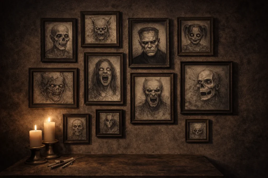 Member horror art gallery featuring framed graphite drawings of creepy characters on a dark wall with candlelight.