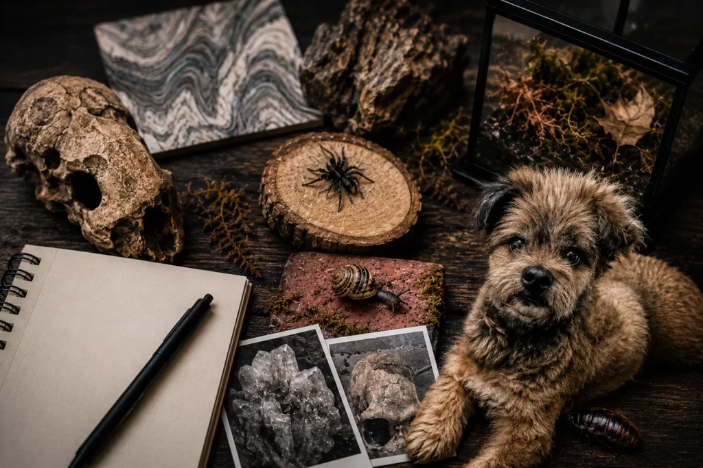 Dark atmospheric workspace featuring textures, a skull, spider, snail, terrarium, sketchbook, and Chewy during an ongoing horror art blog overhaul.