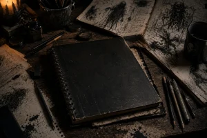 Dark horror artist workspace with a closed sketchbook surrounded by creepy sketches, pencils, and candlelight.