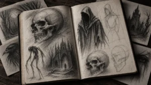 Open sketchbook filled with horror drawings, including skulls, a hooded figure and gothic artwork.
